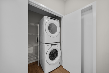 a washing machine and a dryer in a white closet